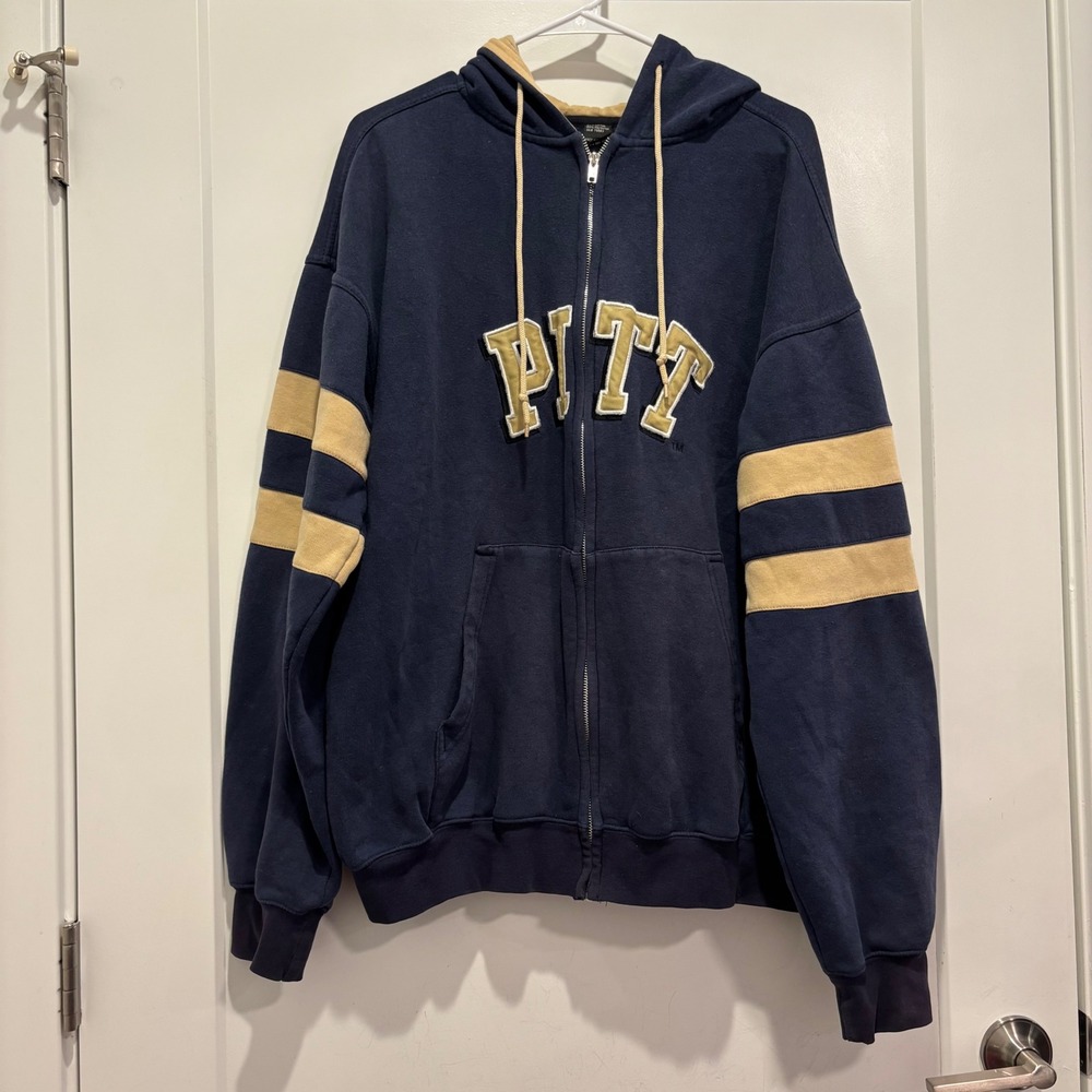 Pitt Panthers Vtg Full Zip Hoodie Mens Medium Navy Blue Gold Varsity Stripe PITT